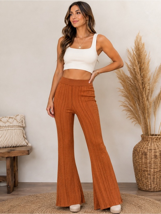 Mo:Vint Pants - NWT Mo:Vint Brown Pointelle Knit Flare Pants Small Boho Pull-On Wide Leg